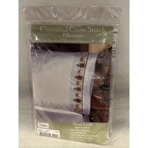 TOBIN Counted Cross Stitch "Floral Scroll" Standard Pillow Case Kit # 234010 New